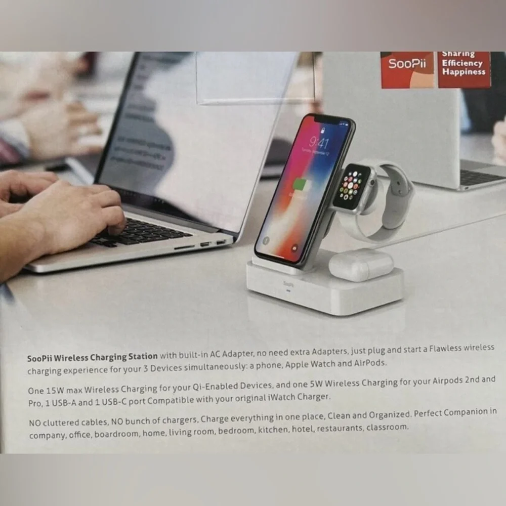 Soopii 3 in 1 wireless charging station. Charge your phone, AirPods and iWatch